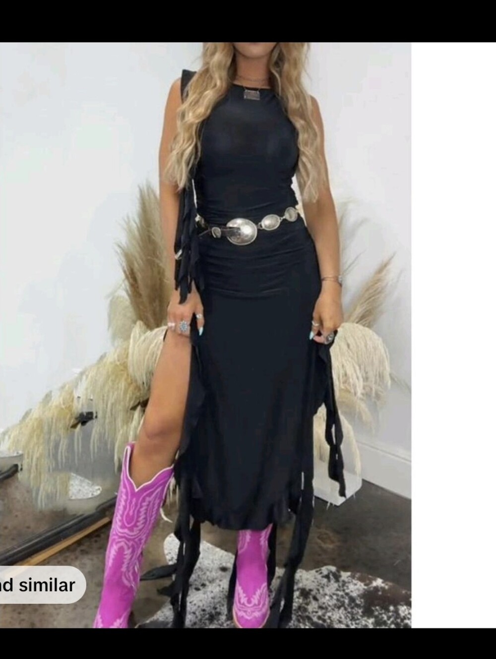 Sleeveless Black High-Low Fringe Midi Dress with Side Slit